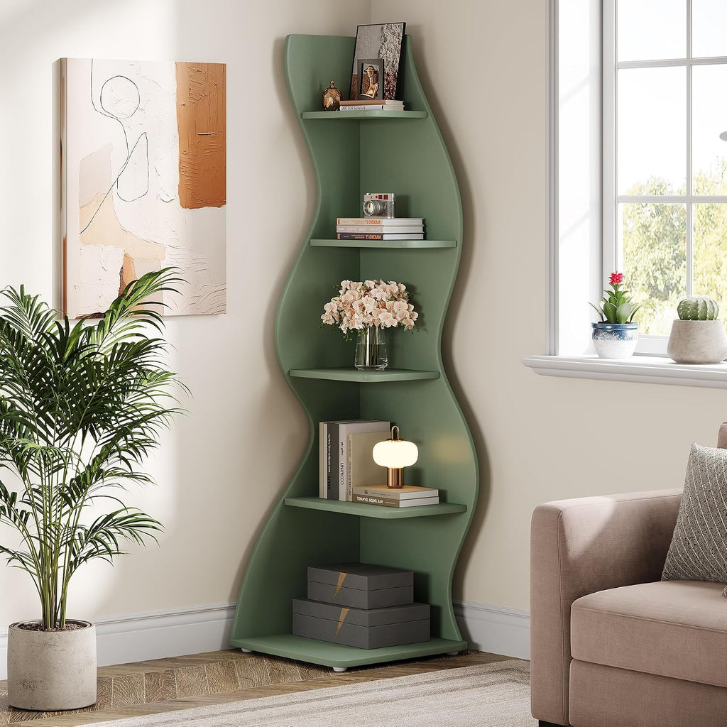 Tribesigns Wavy Corner Shelf Set of 2, Modern 5-Tier Bookshelf Etagere Bookcase with Curvy Shape, Unique Plant Stand Display Shelf for Living Room Small Space (Green)