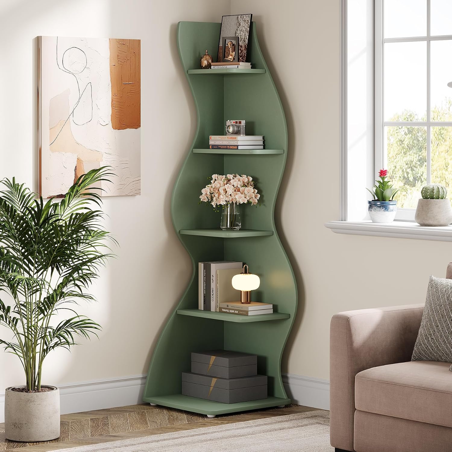 Tribesigns Wavy Corner Shelf Set of 2, Modern 5-Tier Bookshelf Etagere Bookcase with Curvy Shape, Unique Plant Stand Display Shelf for Living Room Small Space (Green)