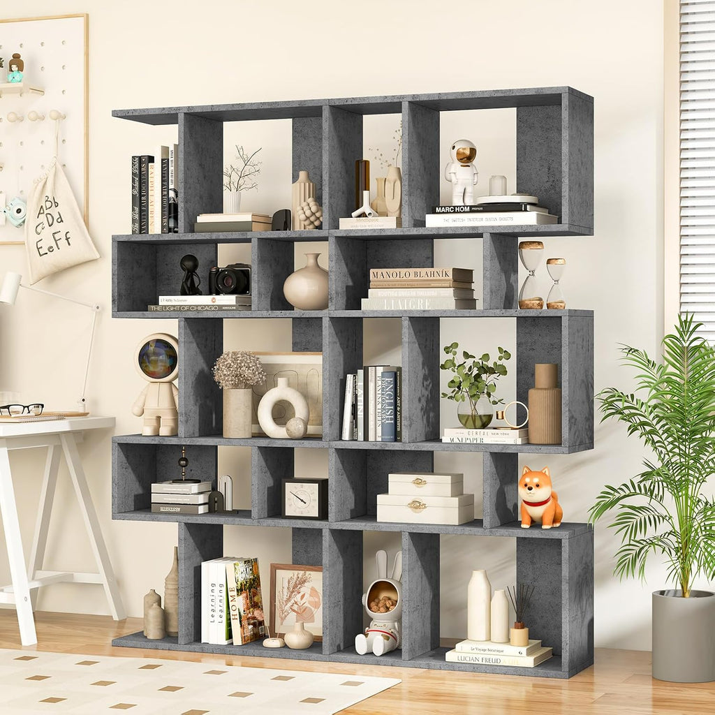 Giantex 5-Tier Geometric Bookshelf Set of 2, 70'' Tall Wood Freestanding Decorative Display Open Shelves with Anti-Tipping Device, Each Shelf Holds up to 44 lbs, Wooden S Shaped Bookcase, Gray