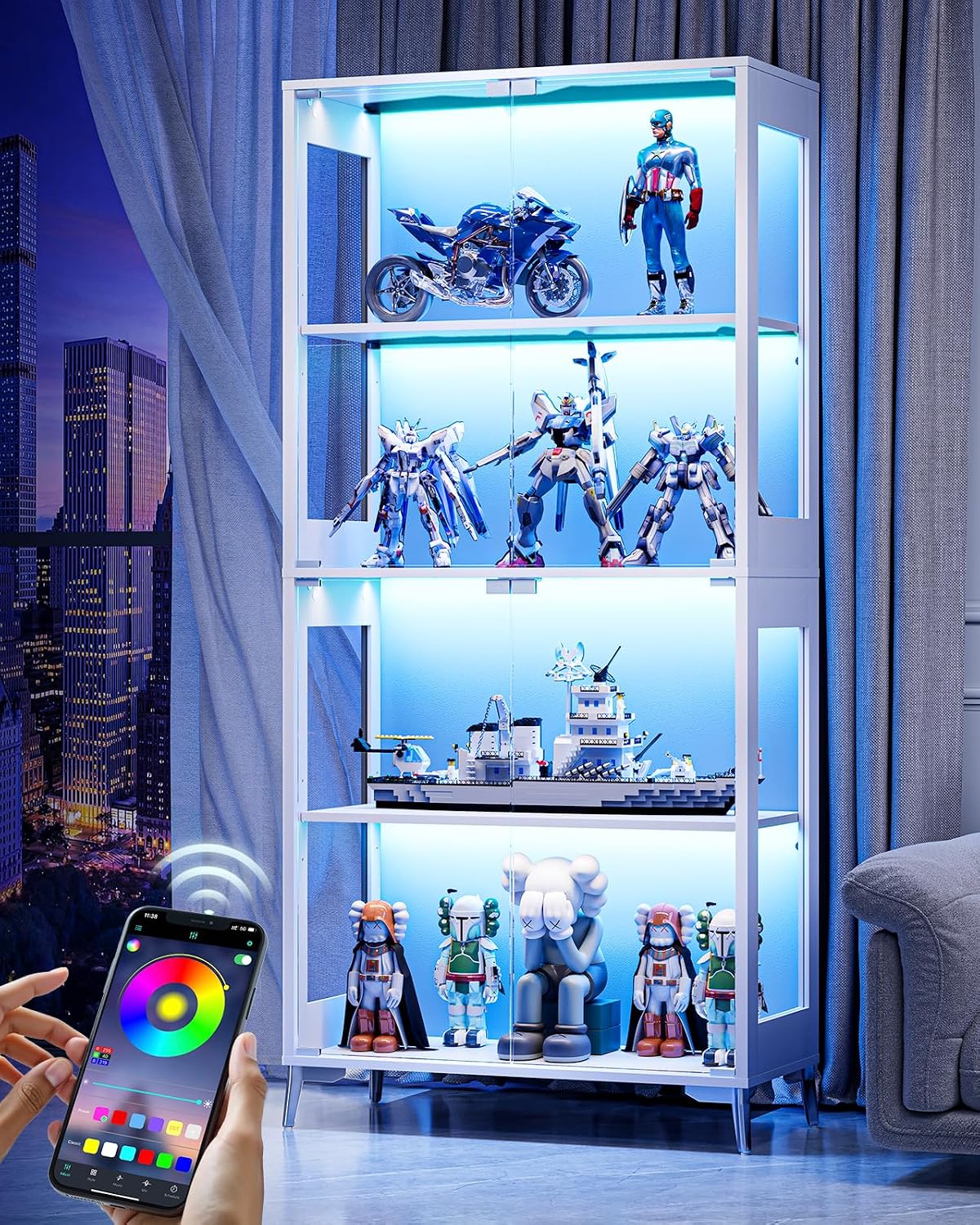 Display Cabinet with Glass Doors, 4-Tier Curio Cabinet, Adjustable Shelves, 60,000 Color Lights for Collectibles, Glass Display Case with App & Remote Control, Bookcase, Storage Cabinet, White