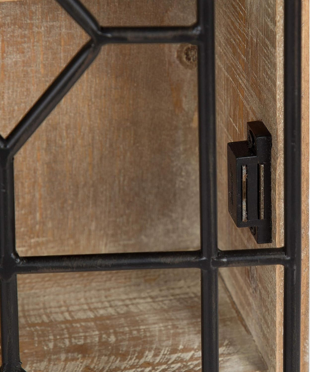 Kate and Laurel Megara Decorative Wooden Wall Hanging Curio Cabinet for Open Storage with Decorative Black Iron Door, Rustic Brown