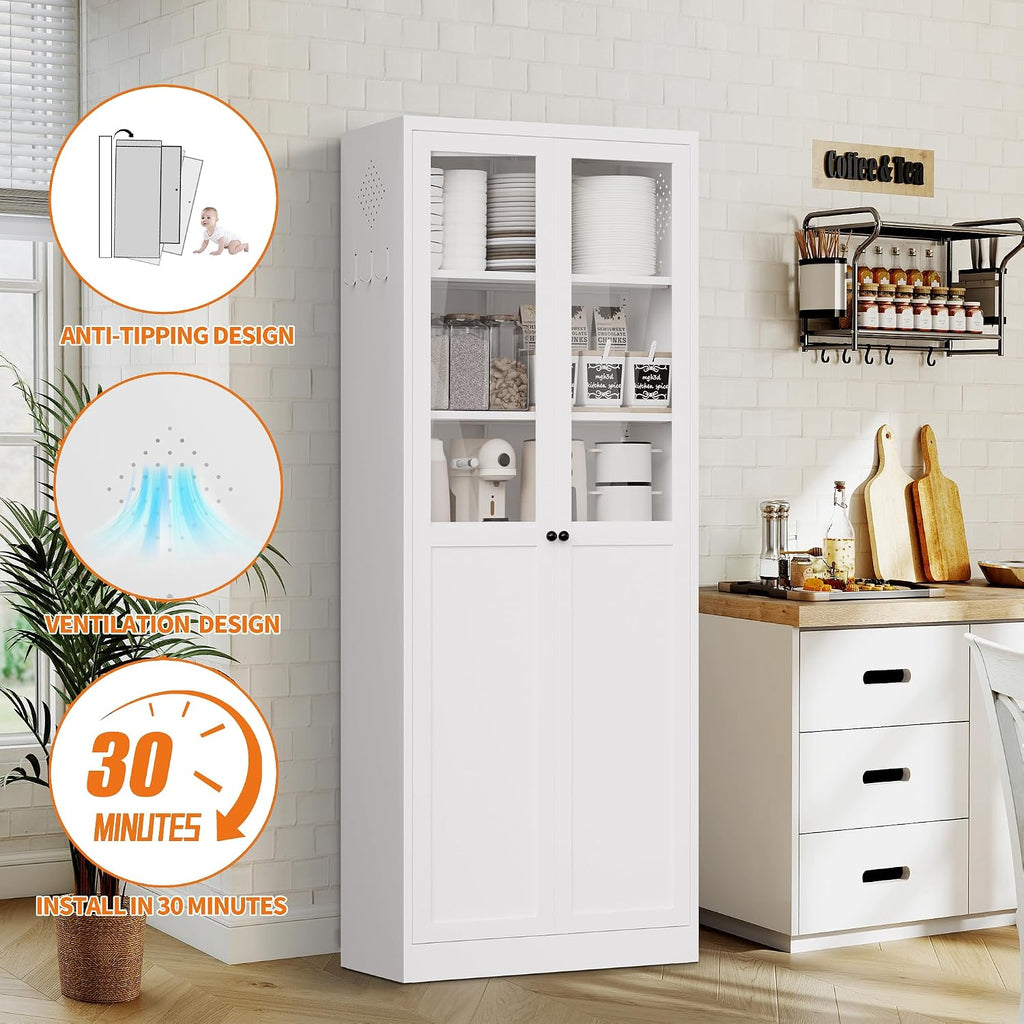 72' Metal Storage Cabinets with 5 Adjustable Shelves 2 Doors(Half Glass Door),White Kitchen Pantry Cabinet,Steel Cupboard Display Cabinets for Kitchen,Living Room,Bathroom,Assembly Required