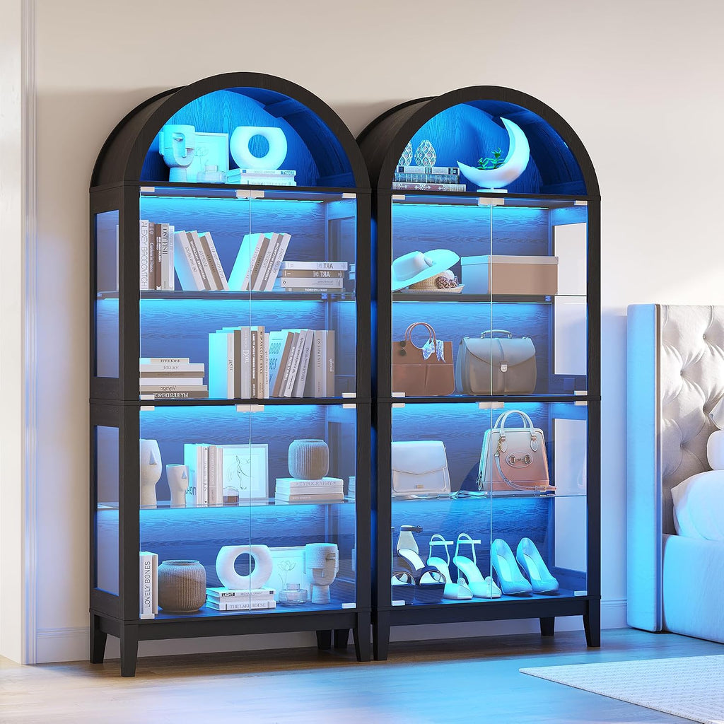 HNEBC Arched Book Shelf with Glass Doors, LED Bookcase with RGB Lights, 5 Tier Cabinet Has 9-Cube Storage, 69' Display Cabinet for Music-Synced Lighting Living Room,Bedroom(Black)