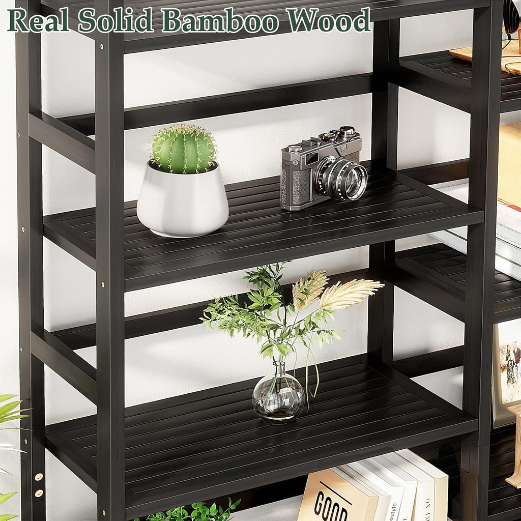 Homykic Bamboo Bookshelf, 71' Tall Triple Wide Bookcase with 17 Open Storage Shelves, 6-Tier Etagere with Back Rails, Large Display Shelf for Books, Plants, Home Office, Max Load 748LBS, Black