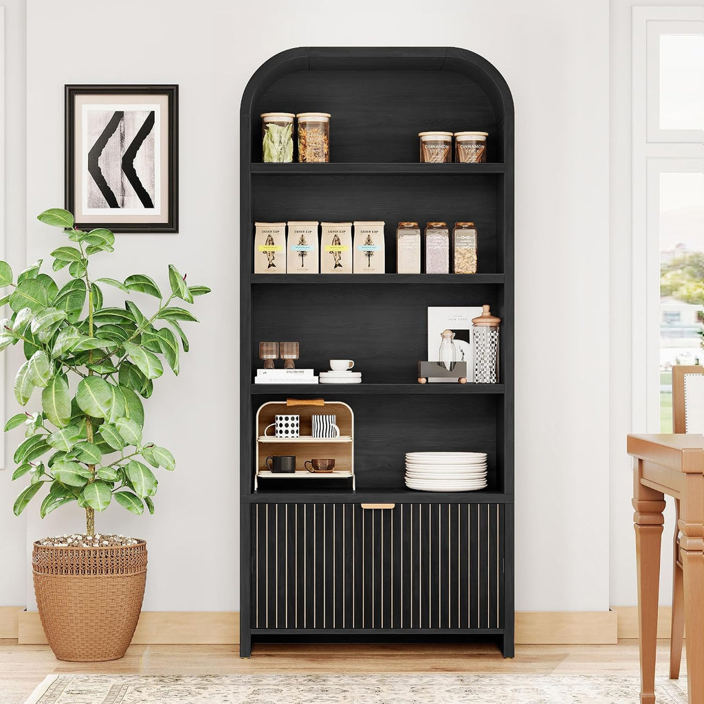 LEVNARY Arched Bookcase with Drawer, 70' Tall 5-Tier Bookshelf with Fluted Carved Drawer, Freestanding Display Storage Cabinet for Living Room Bedroom Home Office (Black)