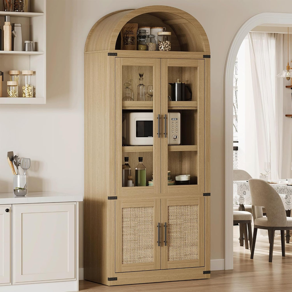 GarveeHome Arched Bookcase with Doors Modern 6-Tier Bookshelf with Storage Wooden Display Cabinet Farmhouse Storage Shelves for Living Room, Kitchen, Office