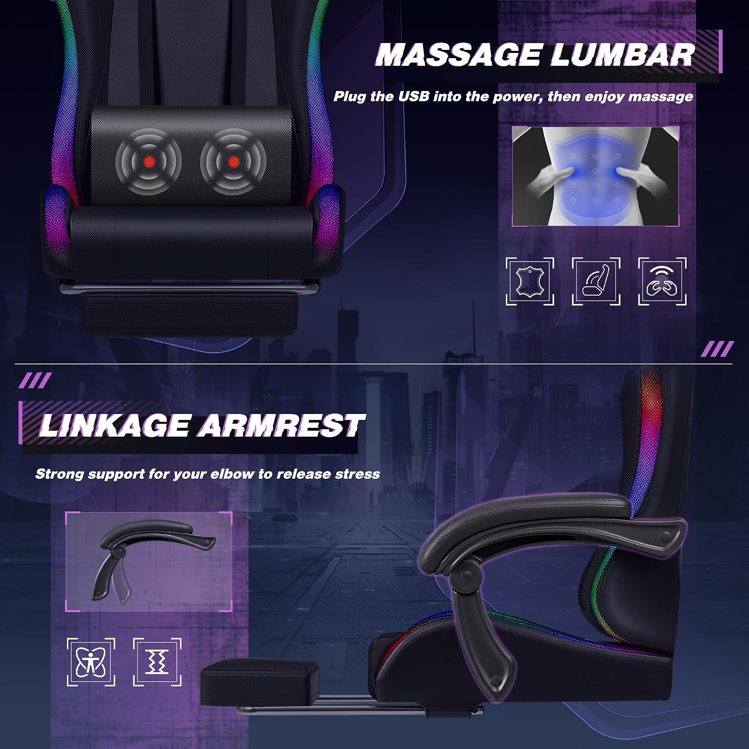Homall Gaming Chair, Video Game Chair with Footrest and Massage Lumbar Support, Ergonomic Computer Chair Height Adjustable with Swivel Seat and Headrest (RGB Dark Black)