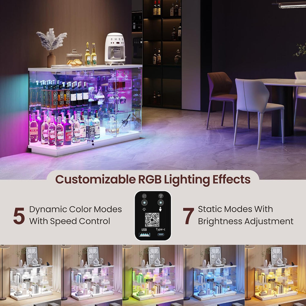 Lvifur RGB High Gloss Display Cabinet - with Lock, Curio Cabinet with Human Body Sensor & Glass Shelves for Toys, Books, Collectibles, Liquor, Bookcase for Living Room, Kitchen, Study, White