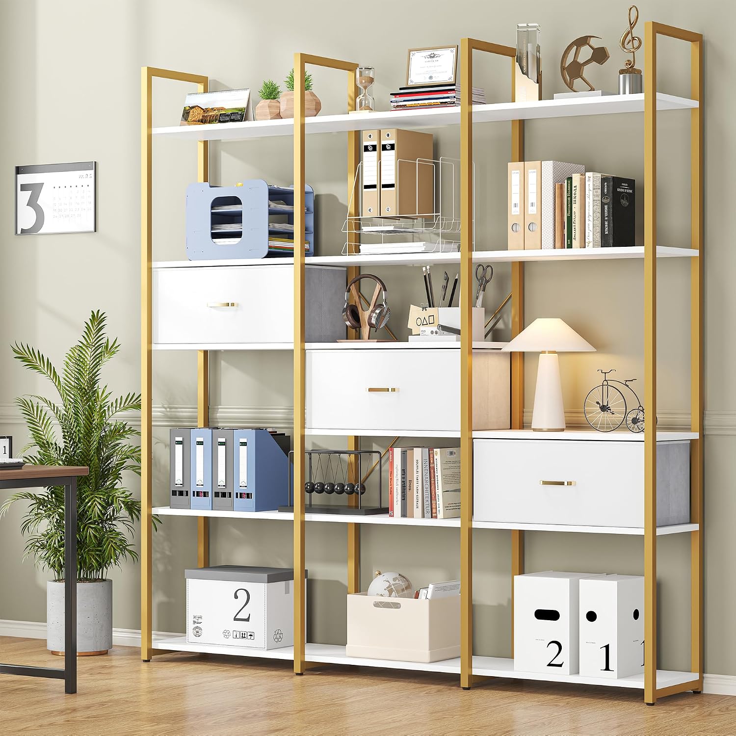 Nosepen 73.6' Tall Bookshelf with 3 Drawers and 16 Storage Shelves, Industrial Bookcase with 16 Open Display Shelves, Large Etagere Bookshelf, Triple Wide Book Shelf Book Case for Home & Office, Gold