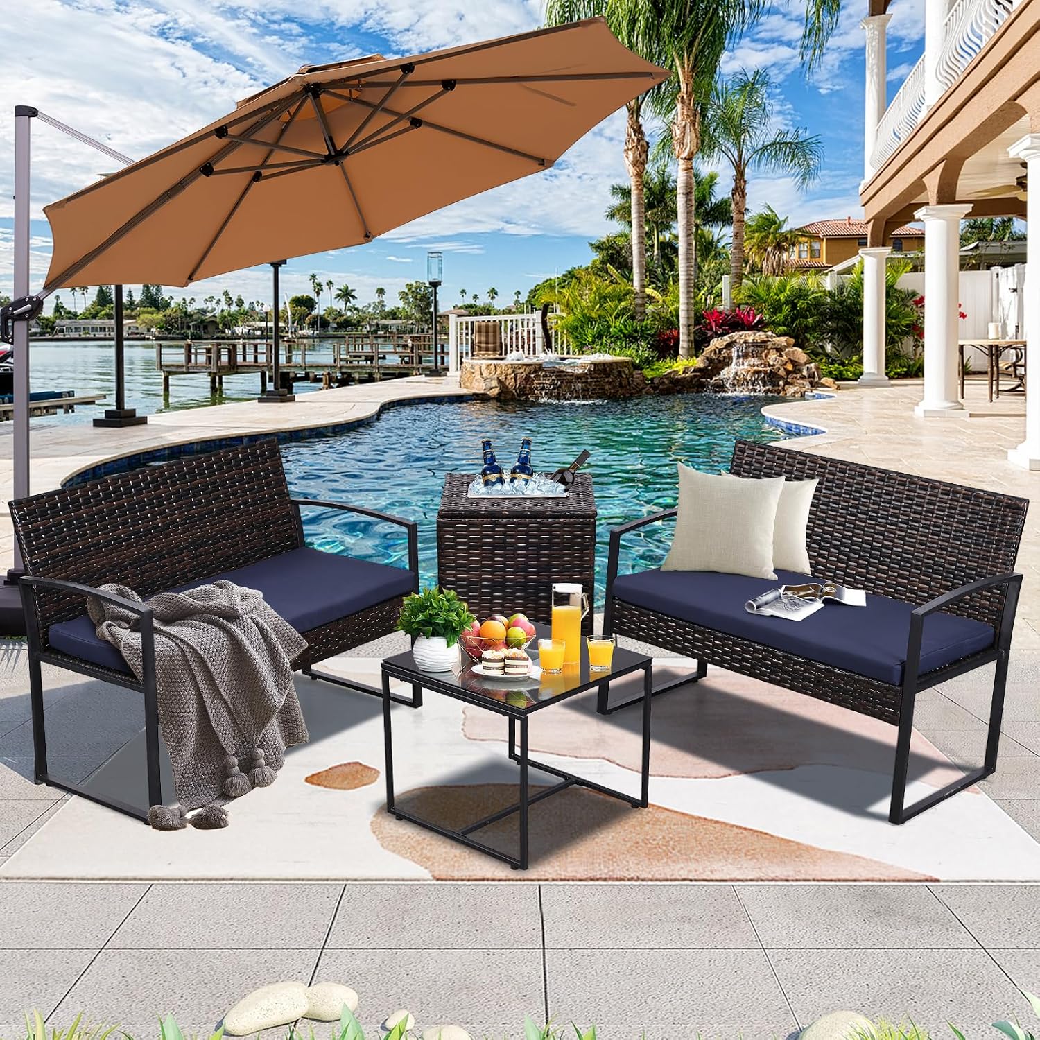 FHFO 4 Piece Outdoor Patio Furniture Set with Built-in Beverage Cooler Storage Box, Wicker Conversation Sets Patio Outdoor Loveseats & Coffee Table for Outside, Garden, Balcony, Porch, Brown/Blue