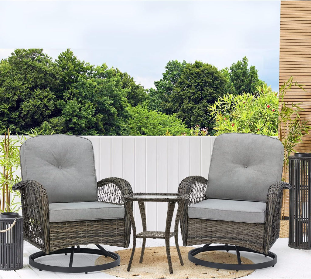EROMMY 3 Pieces Outdoor Swivel Rocker Patio Chairs, 360 Degree Rocking Patio Conversation Set with Thickened Cushions and Glass Coffee Table for Backyard, Grey