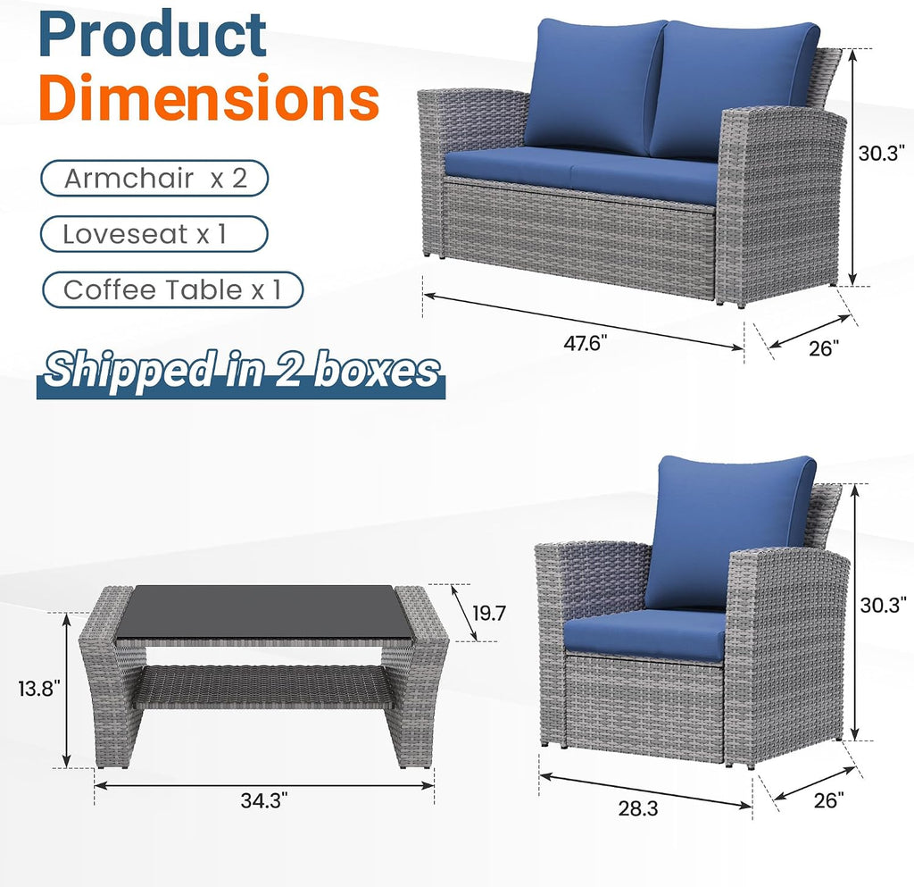 Wisteria Lane Patio Furniture Set, Wicker Outside Outdoor Furniture for All Weather, Patio Sofa with High Backrest Support and Wide Armrest for Backyard, Balcony, Deck, Porch, Blue