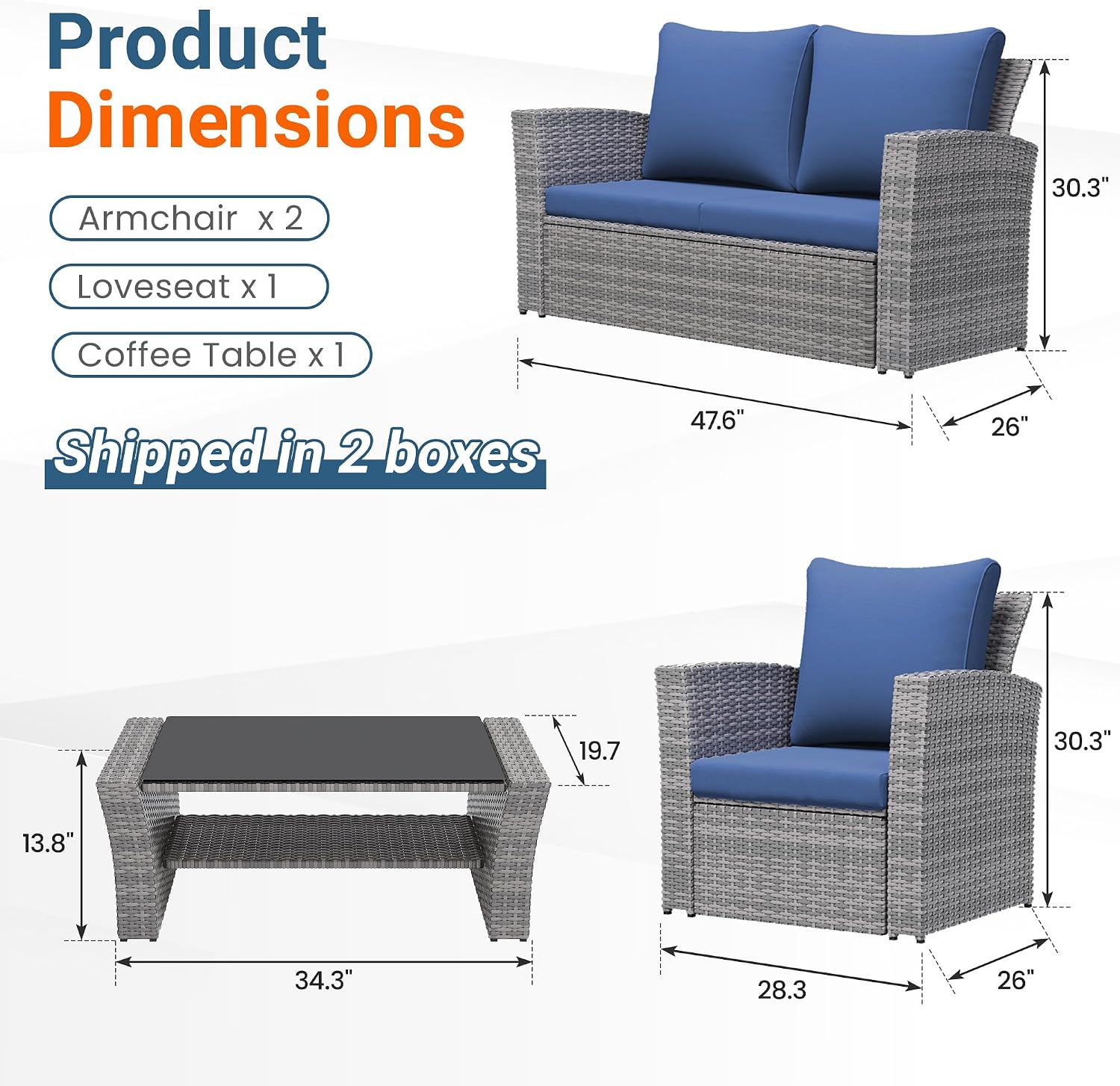 Wisteria Lane Patio Furniture Set, Wicker Outside Outdoor Furniture for All Weather, Patio Sofa with High Backrest Support and Wide Armrest for Backyard, Balcony, Deck, Porch, Blue