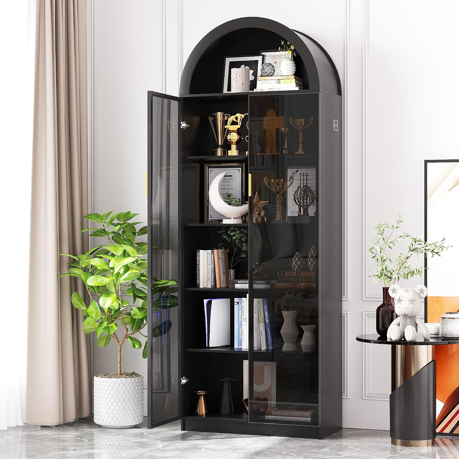 FREDEES Arched Display Cabinet with Doors, 76' Tall Curio Cabinet with Adjustable Shelves/3 Colors LED Lights, 6 Tier Display Case for Collectibles Bedroom Living Room Office, Black