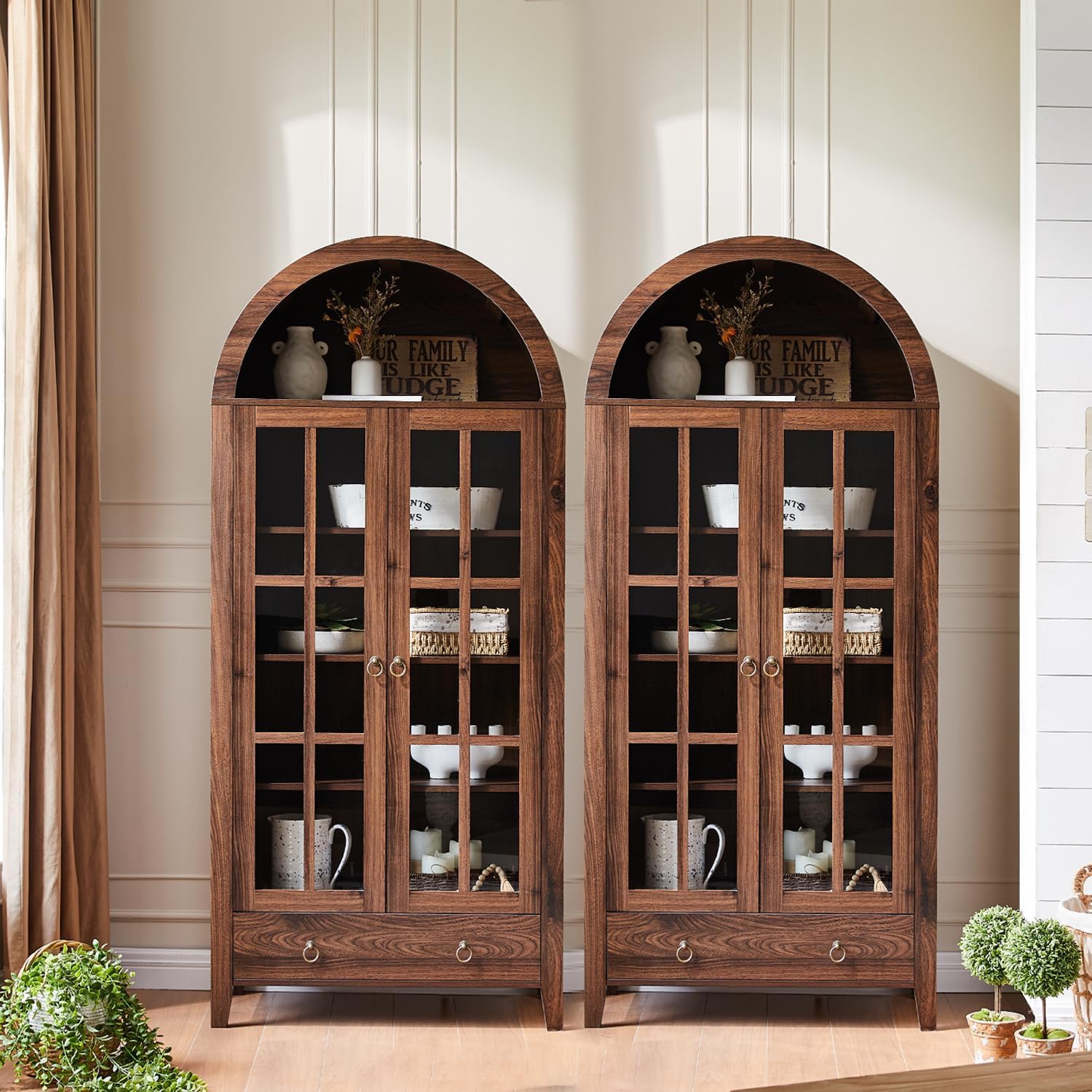RowyPoey Farmhouse Arched Cabinet with Glass Doors, Wood Display Cabinet with Drawer and Adjustable Shelves, 71' Tall Bookshelf Modern Storage Kitchen Pantry for Living Room,Office (Walnut, 2 PCS)
