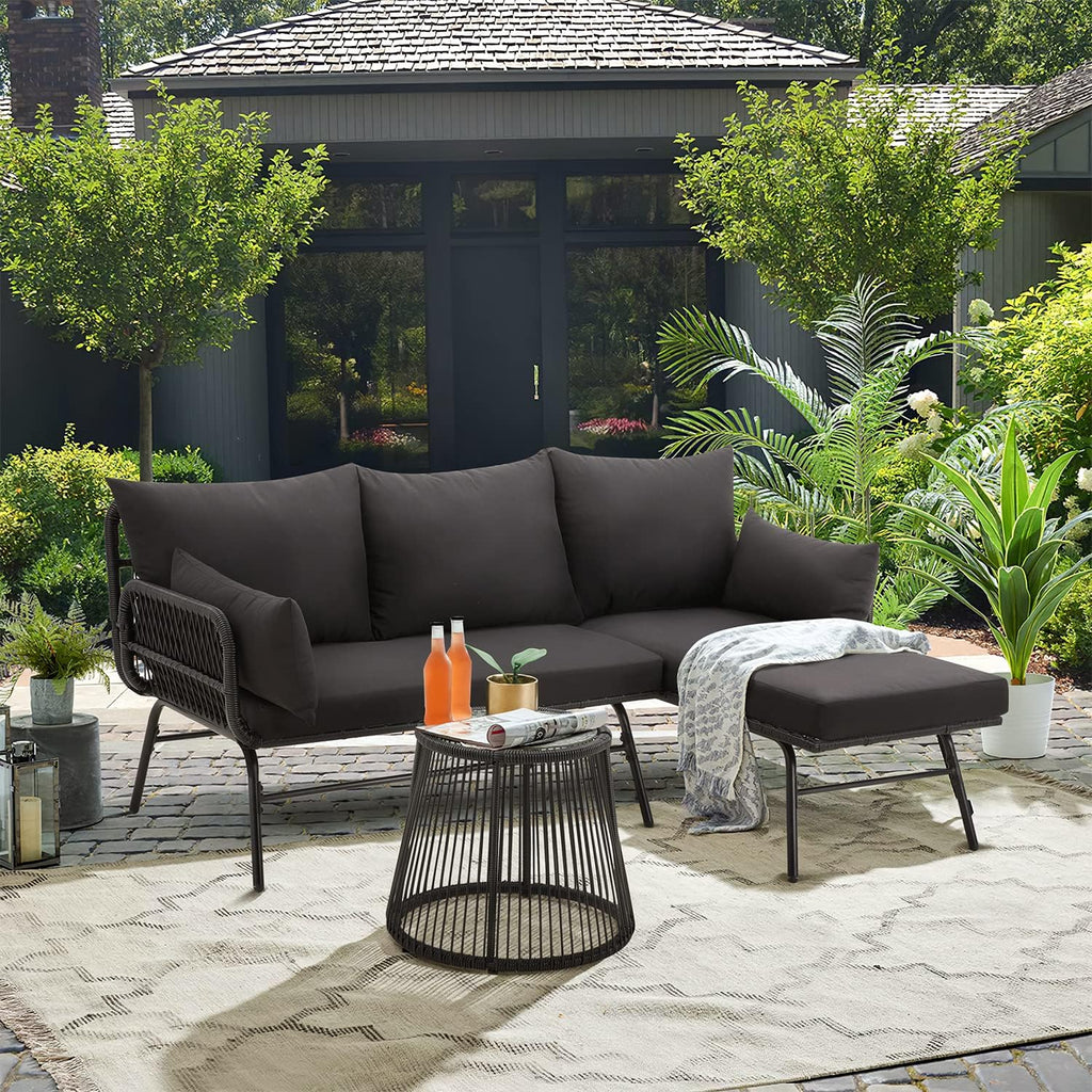 EROMMY 3 Piece Patio Conversation Sets, L-Shaped Sectional Patio Furniture Sofa Set with Thick Cushions and Toughened Glass Coffee Table for Backyard Balcony Garden Porch, Black