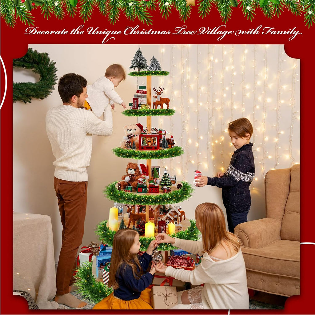 DoubleFill 6 Tier 72 Inch Christmas Tree Village Stand Christmas Bookshelf Display Supply Large Xmas Ornament Displays Tree Stands Xmas Wooden Display Trees Stand for Holiday Displays(Circle)