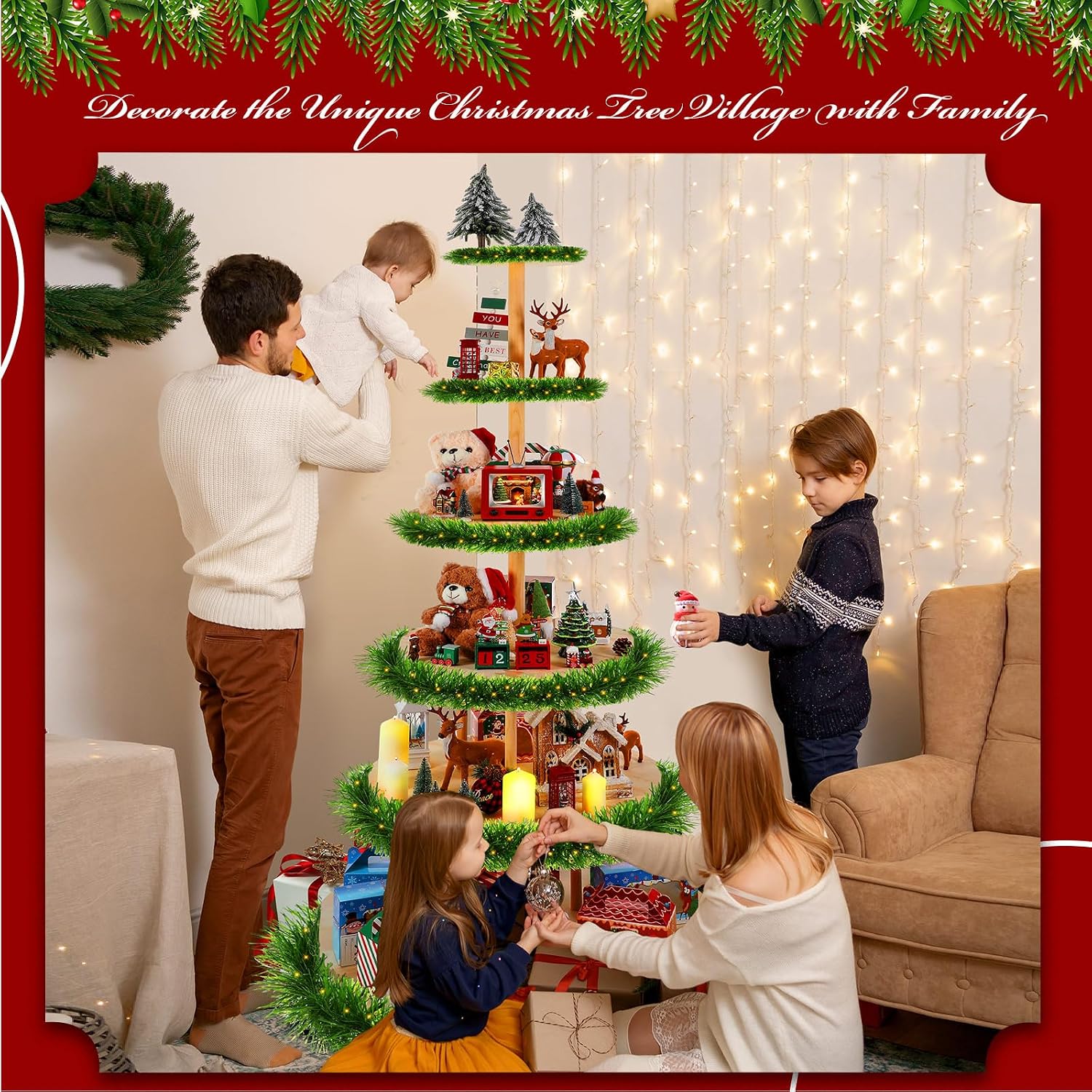 DoubleFill 6 Tier 72 Inch Christmas Tree Village Stand Christmas Bookshelf Display Supply Large Xmas Ornament Displays Tree Stands Xmas Wooden Display Trees Stand for Holiday Displays(Circle)