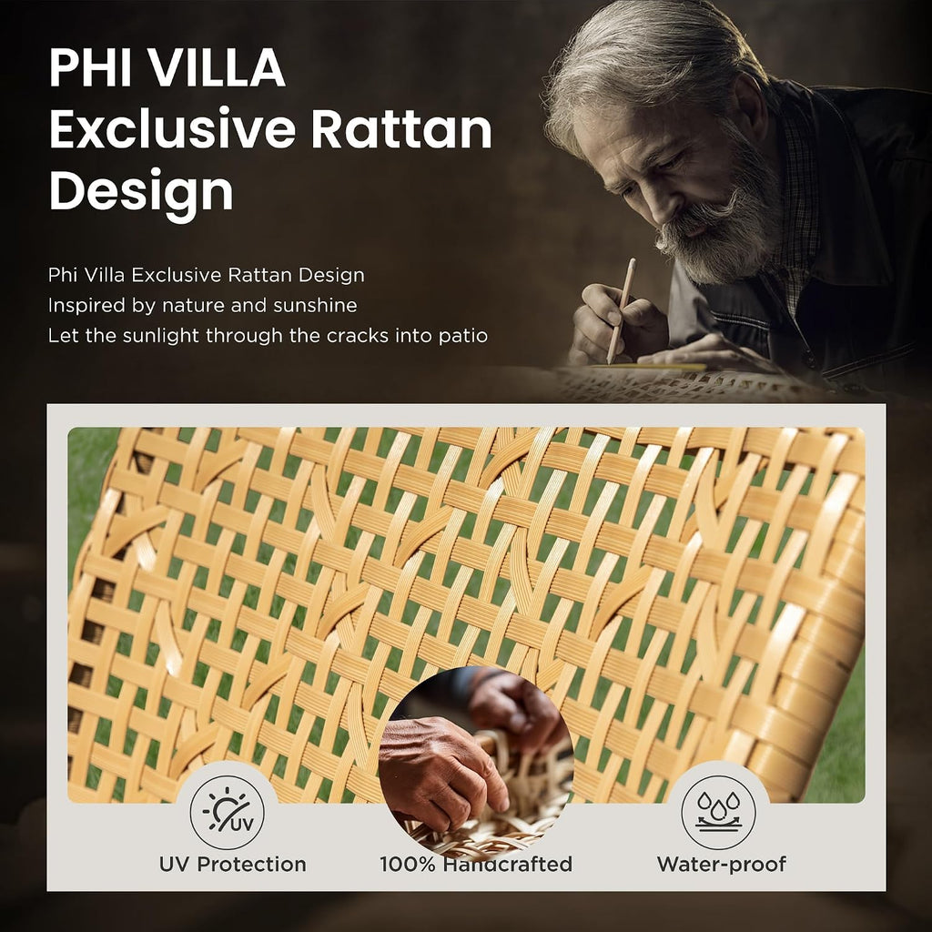 PHI VILLA Wicker Patio Furniture Set for 4, Rattan Small Patio Loveseat and Chairs with Acacia Wood Coffee Table, Outdoor Conversation Set with Cushion, Front Porch Furniture for Deck, Yard, Garden