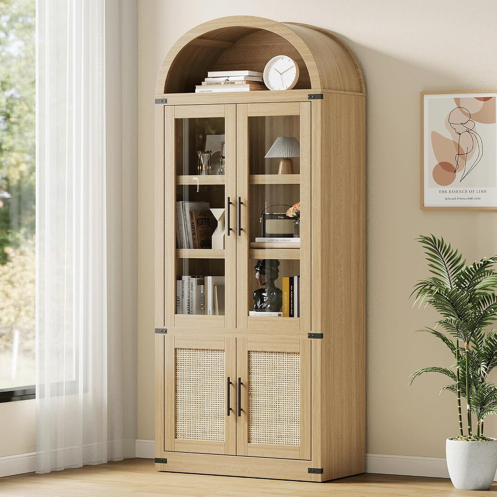 GarveeHome Arched Bookcase with Doors Modern 6-Tier Bookshelf with Storage Wooden Display Cabinet Farmhouse Storage Shelves for Living Room, Kitchen, Office