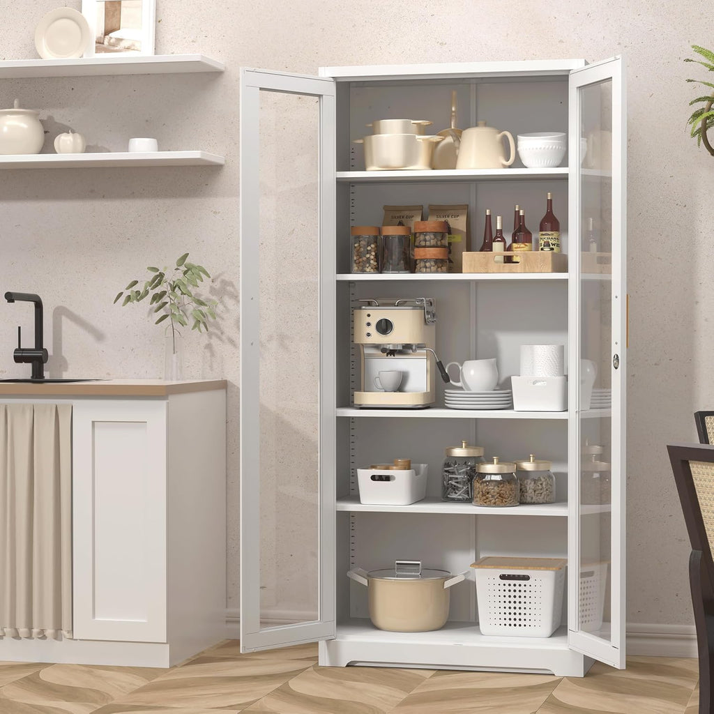 SteeLoong 71' Glass Display Cabinet with Lock,Curio Cabinet with Glass Doors, Metal Display Case with 4 Adjustable Shelves, White Bookcase Locking Storage Cabinets for,Liquor,Plant,Commercial