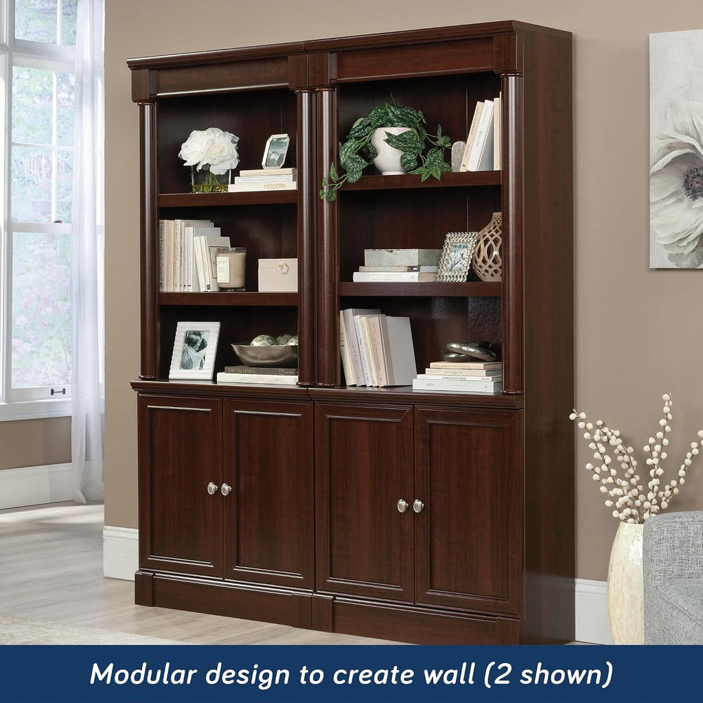 Sauder Palladia Book Shelf, Bookshelf with Storage, Library Bookcase with Doors and Adjustable Shelves, in Select Cherry finish