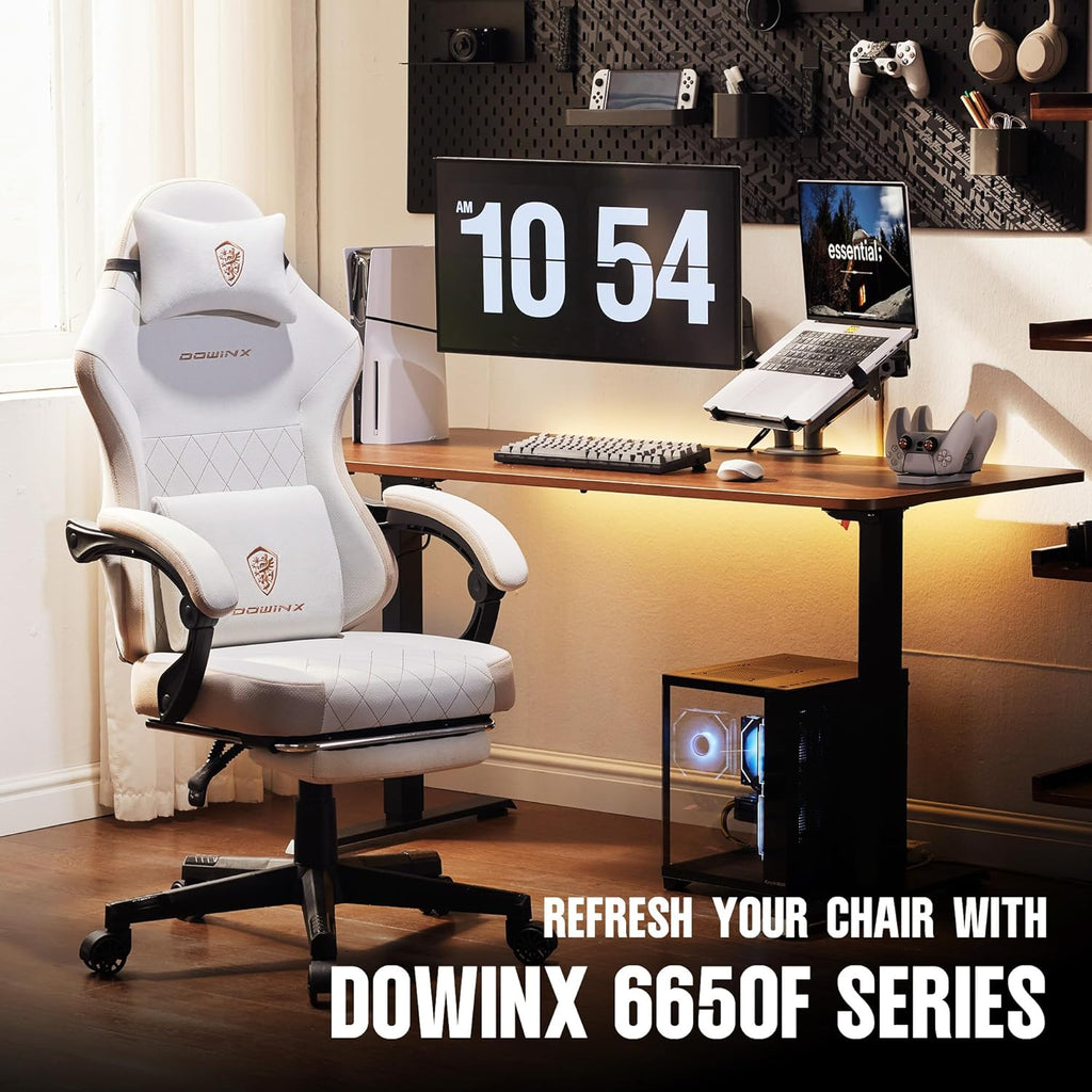 Dowinx Gaming Chair with Pocket Spring Cushion, High Back Ergonomic 360° Swivel Chair for Office Gaming, Massage Lumbar Support with Footrest for Adults, 300LBS Capacity, Beige for Office Gaming