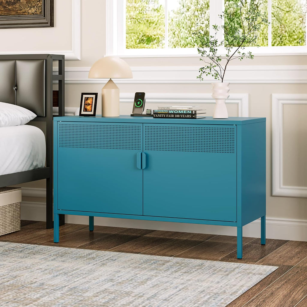 Chshin Metal Storage Cabinet with Doors,Blue Accent Cabinet,Metal Locker Storage Cabinets,2 Door TV Media Stand with Removable Shelves for,Home,Office,Entryway,Living Room