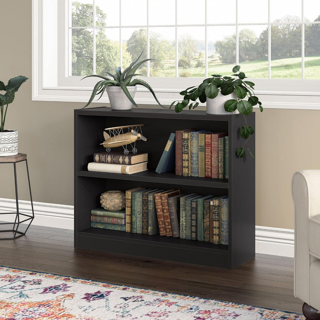 Bush Home Small 2 Shelf Bookcase, 2 Tier Bookshelf Storage Cabinet with Adjustable Shelf for Living Room, Bedroom or Home Office, Universal Collection, Black