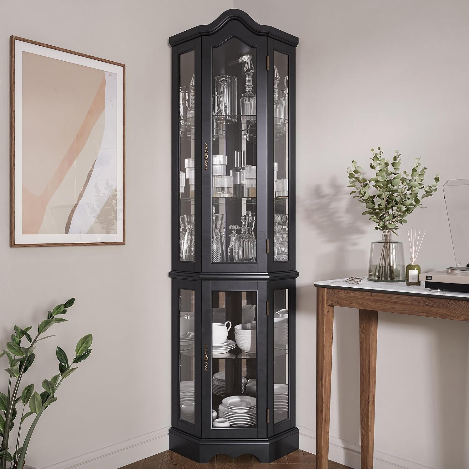 BELLEZE Lighted 3-Side Glass Display Curio Cabinet w/Tempered Glass Doors and Shelves, Curved Wood Corner Cabinet with Bulb, Corner Storage Rack for Living Room and Kitchen (Black)