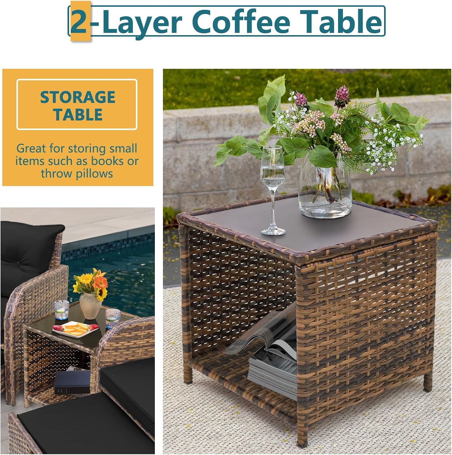 5 Pieces Wicker Outdoor Patio Chairs Set with Ottoman Patio Conversation Furniture Set with Ottoman Underneath All Weather Brown PE Rattan Balcony Furniture Set & End Table, Black Cushion