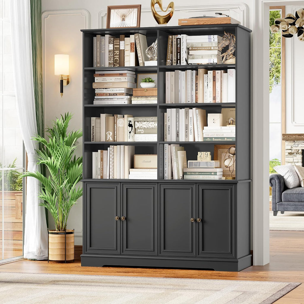 FINETONES 73' Black Bookshelf with Doors, 6 Tier Tall Bookshelf Double Wide Bookcases and Bookshelves with Storage, Large Display Cabinets for Home Office,Living Room, Library