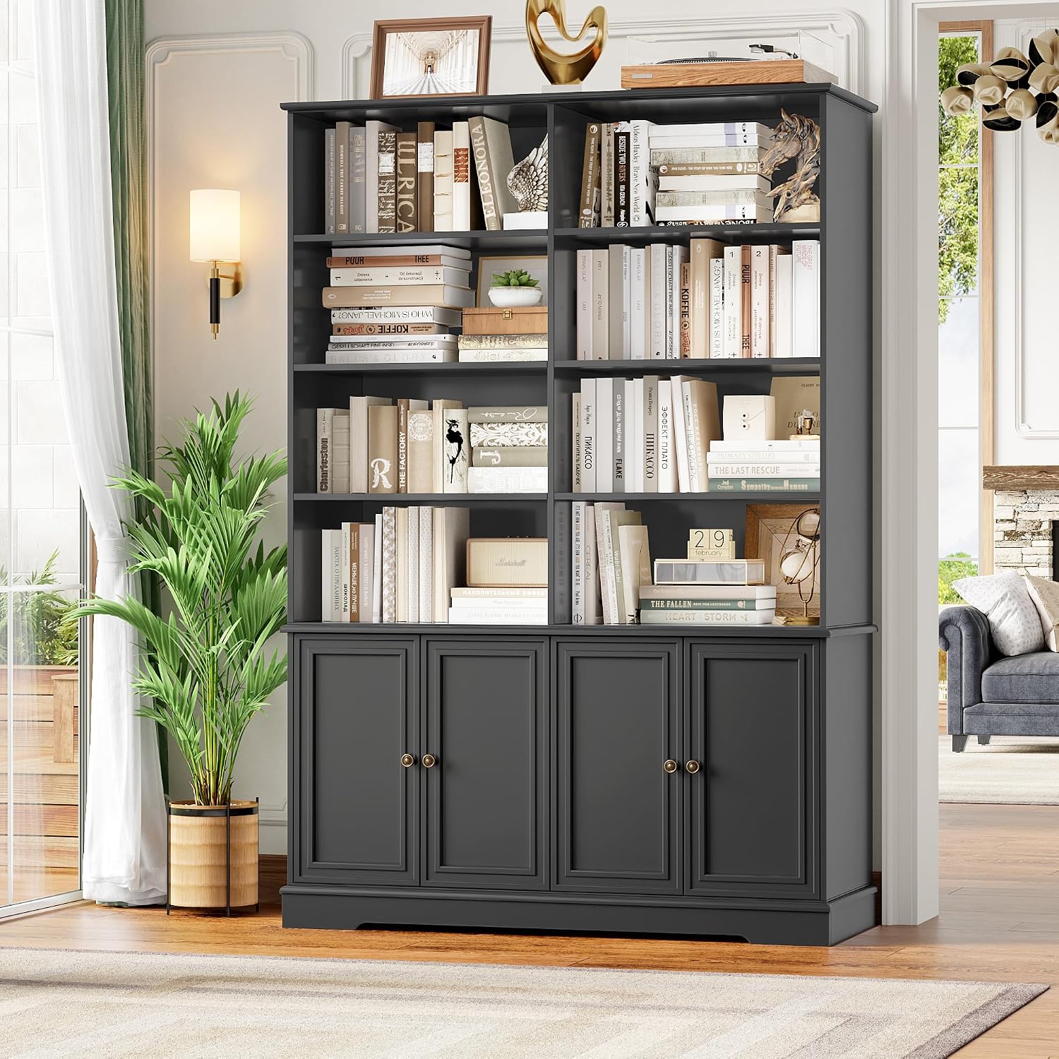 FINETONES 73' Black Bookshelf with Doors, 6 Tier Tall Bookshelf Double Wide Bookcases and Bookshelves with Storage, Large Display Cabinets for Home Office,Living Room, Library