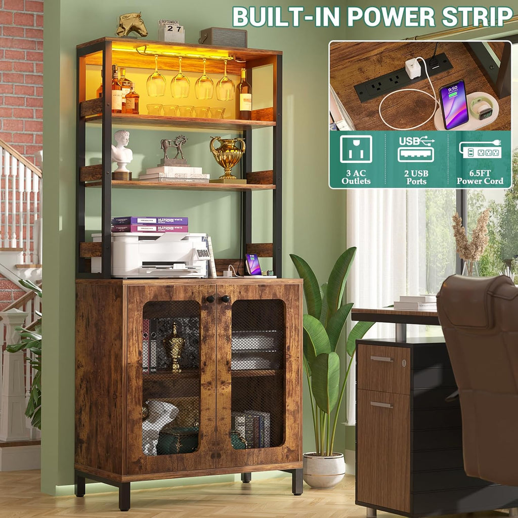 Aheaplus Bar Cabinet with Power Outlets, 67' Tall Wine Bar Liquor Cabinet with LED Lights & Glass Holder, Coffee Bars Station for Living Room, Microwave Stand Bakers Rack Cabinets, Rustic Brown