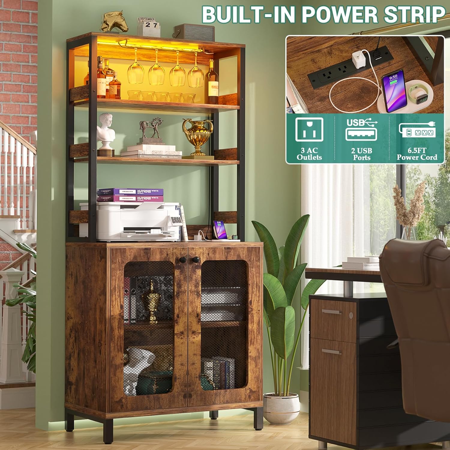 Aheaplus Bar Cabinet with Power Outlets, 67' Tall Wine Bar Liquor Cabinet with LED Lights & Glass Holder, Coffee Bars Station for Living Room, Microwave Stand Bakers Rack Cabinets, Rustic Brown