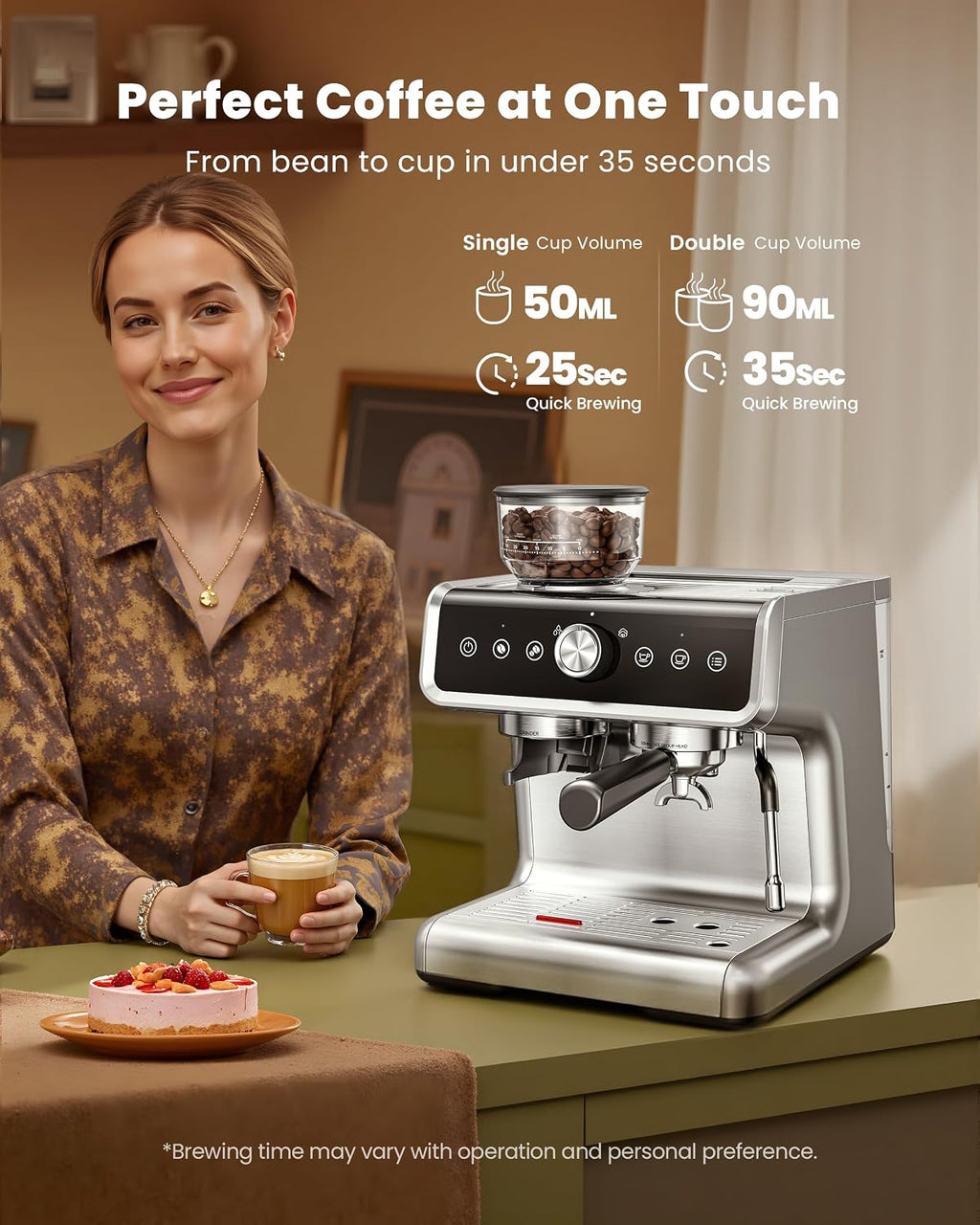 Coffee Maker with Grinder, 30 Settings & 20 Bar Pump, Espresso Machine with 58mm Portafilter & Milk Frother for Cappuccino or Latte