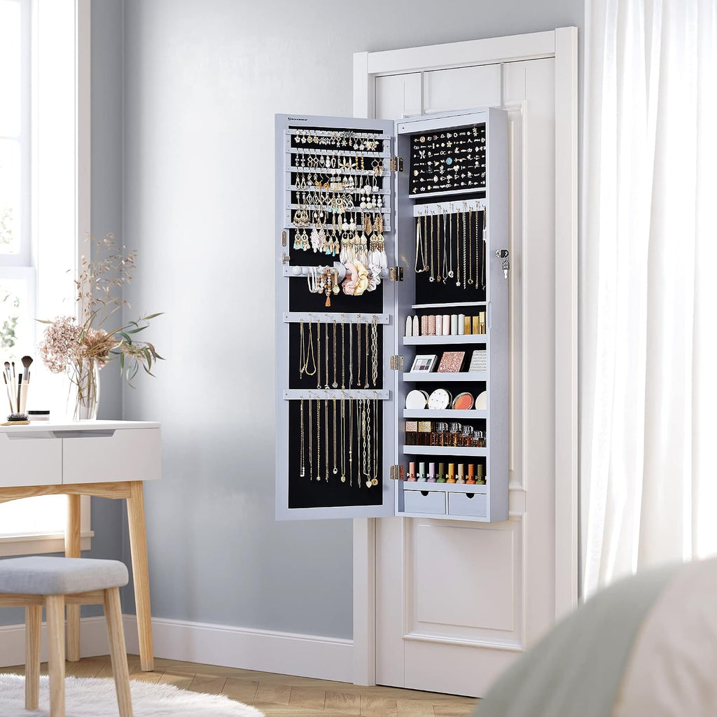 SONGMICS 6 LEDs Mirror Jewelry Cabinet, 47.2-Inch Tall Lockable Wall or Door Mounted Jewelry Armoire Organizer with Mirror, 2 Drawers, 3.9 x 14.6 x 47.2 Inches, Gray UJJC93GY