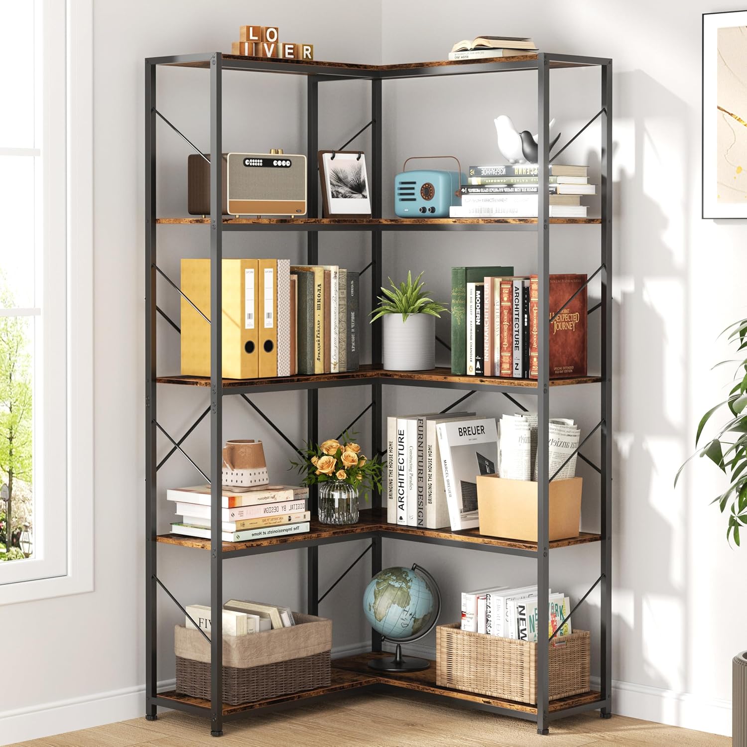 5 Tiers Corner Bookshelf, L-Shaped Bookcase Storage Organizer, Display Shelf Free Standing Book Shelf for Home Office, Living Room, Kitchen, Bedroom, Rustic Brown