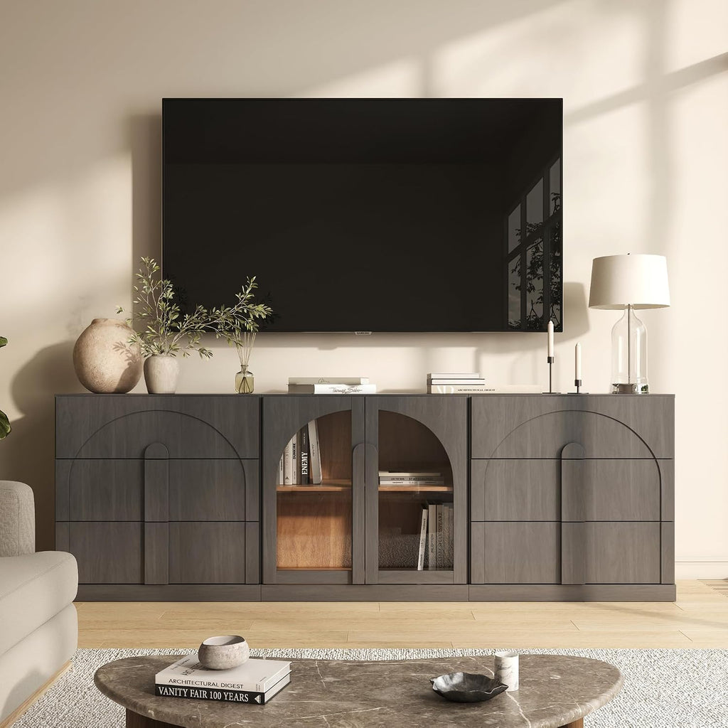 BELLEZE 3-Piece Sideboard Cabinet Set Freely Configurable, Modern Wood Modular Cabinet Contain 2 3-Drawer Storage and Display Glass Door, Accen Storage Console for Dining Room Living Room, Ebony