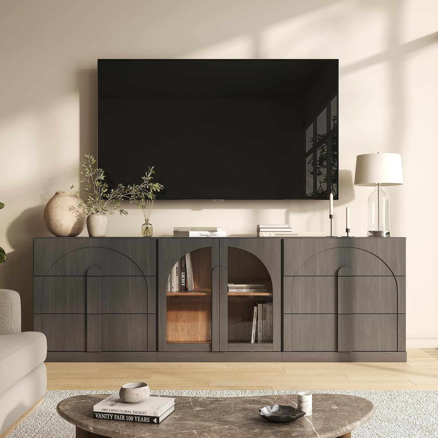 BELLEZE 3-Piece Sideboard Cabinet Set Freely Configurable, Modern Wood Modular Cabinet Contain 2 3-Drawer Storage and Display Glass Door, Accen Storage Console for Dining Room Living Room, Ebony