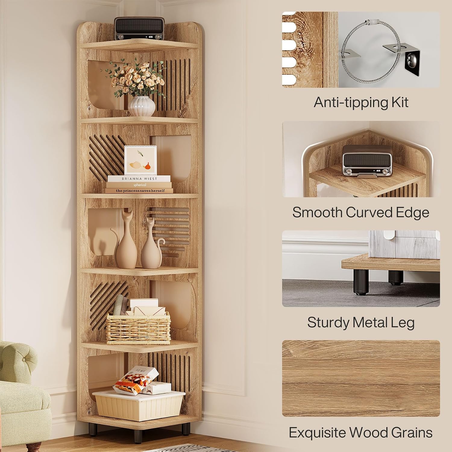 Tribesigns 6-Tier Tall Corner Shelf, 71-Inch Rustic Narrow Corner Bookshelf Bookcase with Square Rack, Freestanding Corner Display Storage Shelf Organizer for Living Room, Kitchen, Office, Natural