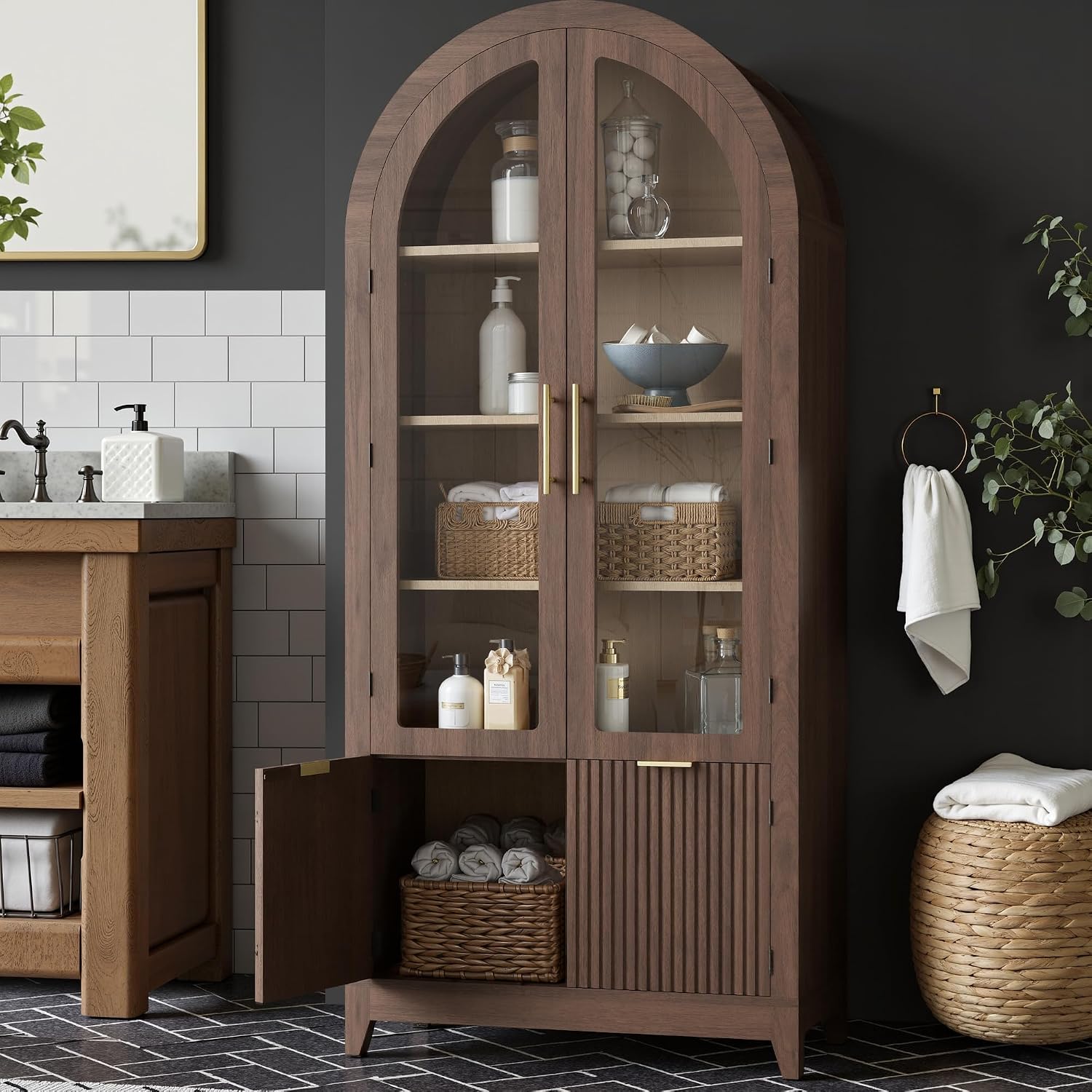 win2win Tall Arched Cabinet with Glass Doors, 69' Pantry Storage Cabinets with Fluted Doors & Adjustable Shelves, Mid Century Modern Wood Display Bookcase for Kitchen, Living Room, Bathroom, Walnut