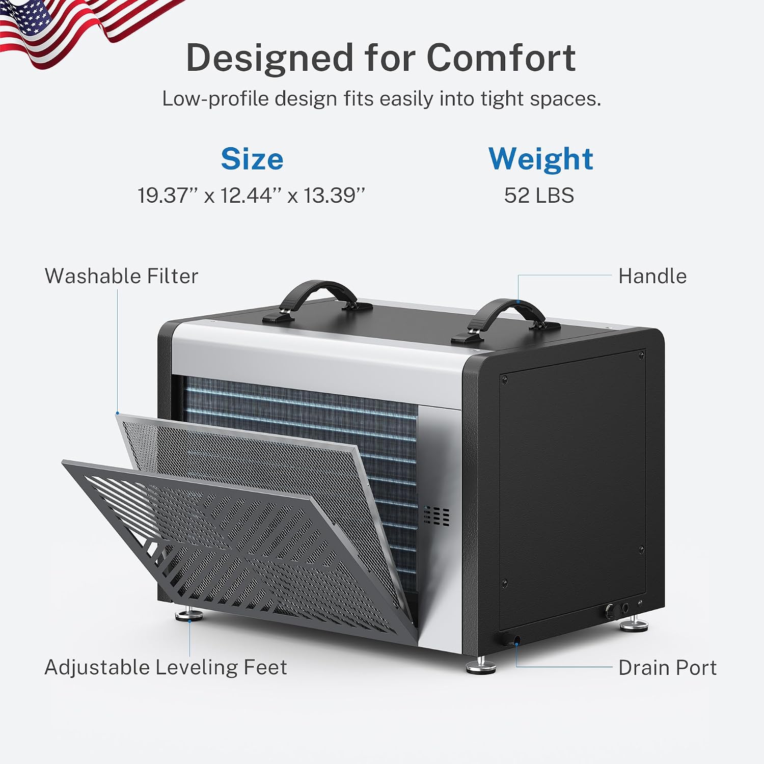 Yaufey 125 Pints Commercial Dehumidifier with Drain Hose for 6500 Sq.Ft. Crawl Space, Basement, Industrial, 10-90% RH Humidity Control, 24/7 Running Continuous Drainage, TUV Certified, 5-Yr Coverage