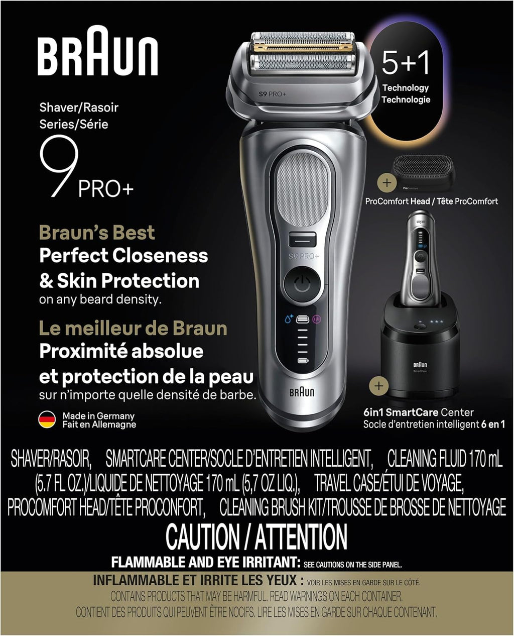 Braun Series 9 PRO+ Electric Shaver, Wet & Dry Razor, Pro SensoAdapt, 6in1 SmartCare Center, 9697CC, Silver