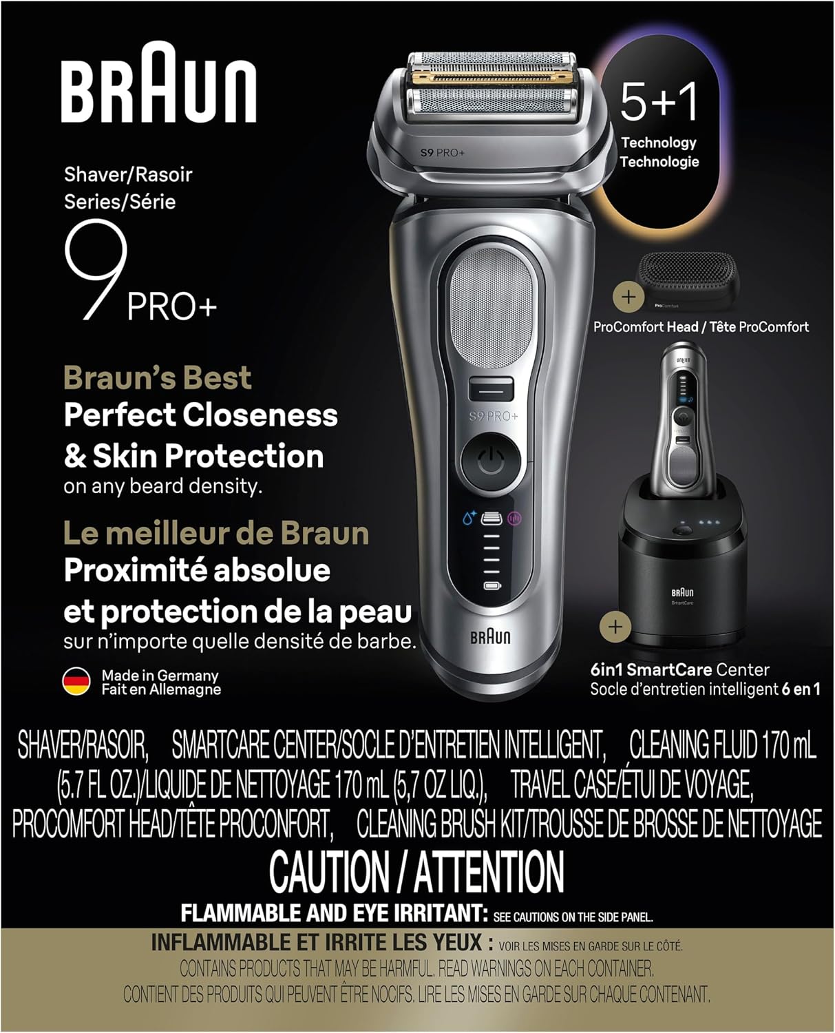 Braun Series 9 PRO+ Electric Shaver, Wet & Dry Razor, Pro SensoAdapt, 6in1 SmartCare Center, 9697CC, Silver