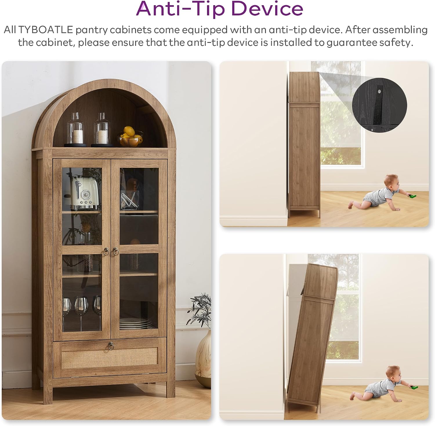 TYBOATLE 71' Tall Arched Pantry Cabinet with Innovative Drawer, Kitchen Cabinet with Anti-Tipping Device and Glass Door, Versatile Cupboard for Kitchen, Dining, Natrual