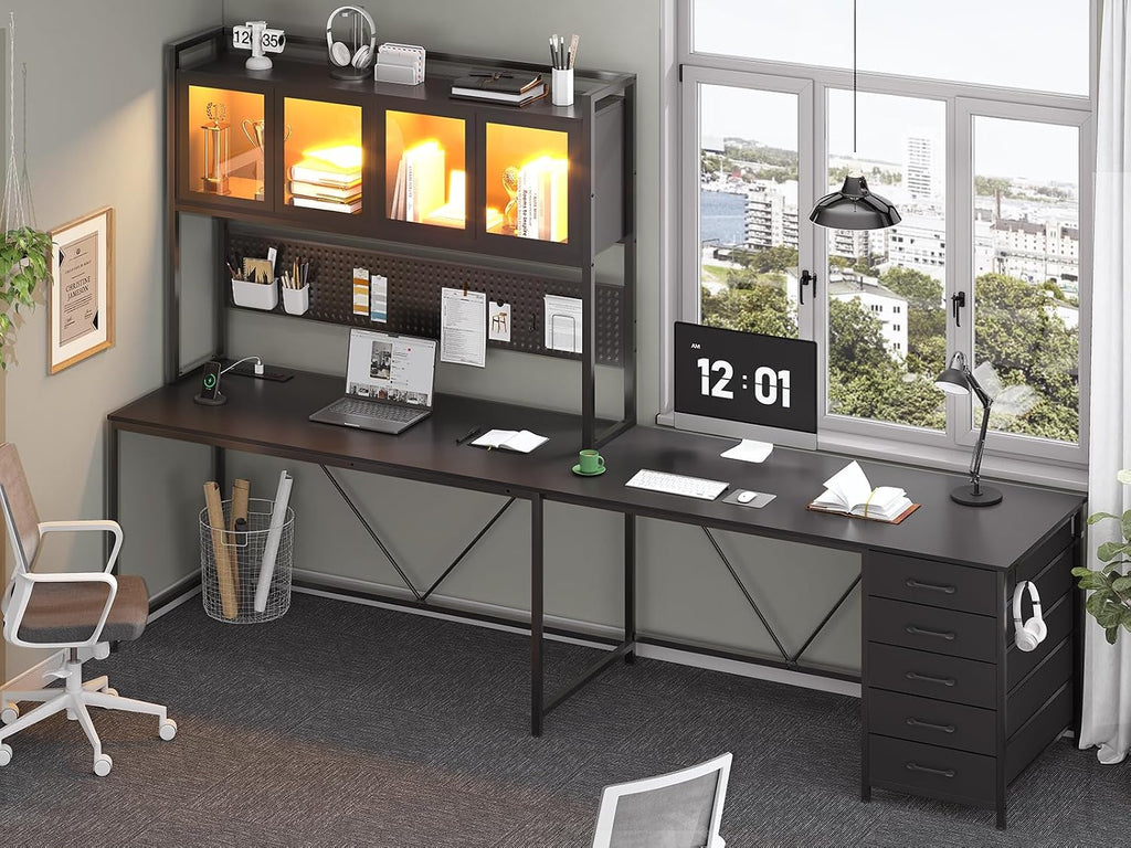 SEDETA L Shaped Gaming Desk with Drawers, L Shaped Computer Desk with Hutch and Storage Shelves, Gaming Desk with Pegboard, Led Lights, and Power Outlet, Home Office Desk, Corner Desk, Black
