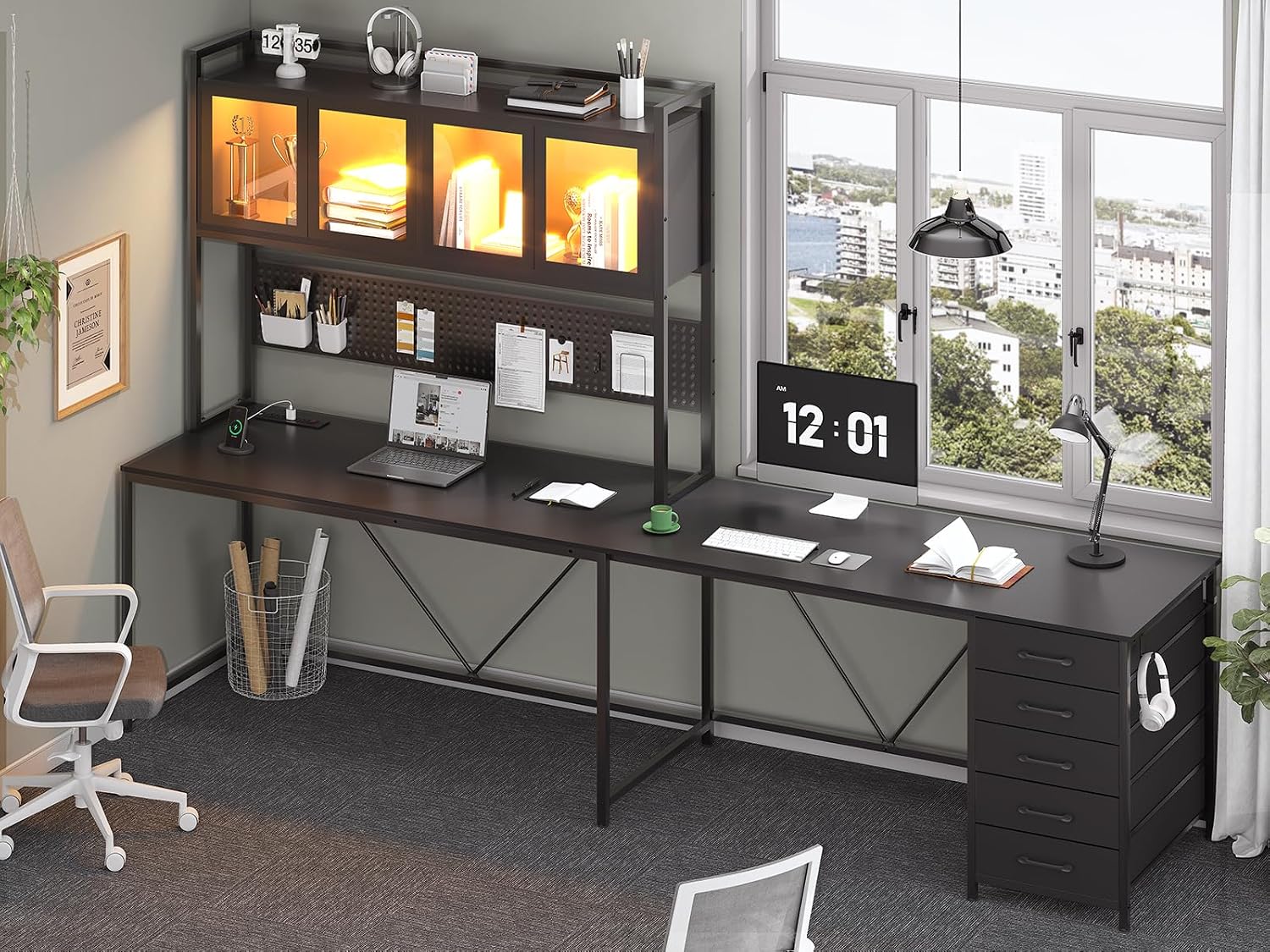 SEDETA L Shaped Gaming Desk with Drawers, L Shaped Computer Desk with Hutch and Storage Shelves, Gaming Desk with Pegboard, Led Lights, and Power Outlet, Home Office Desk, Corner Desk, Black