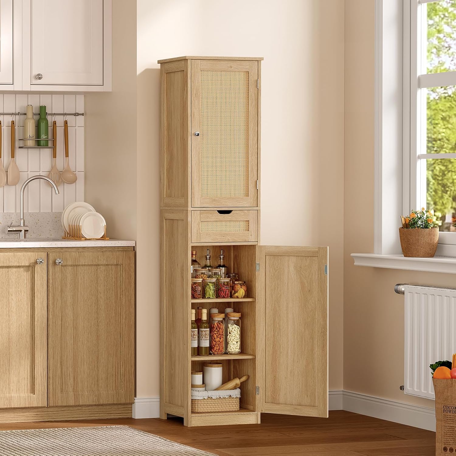 TEENFON 67' H Tall Storage Cabinet with 2 Rattan Doors and 1 Drawer, Narrow Rattan Cabinet with Adjustable Shelves, for Living Room, Entryway, Kitchen, Natural