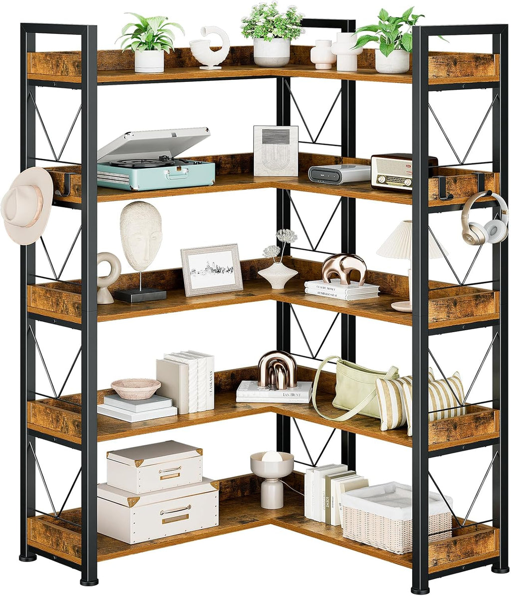 DUMOS 65 inch L Shaped Bookshelf, 5 Tier Corner Bookcase with Hooks and Edge, Industrial Pantry Shelves with Metal Frame, Wooden Open Storage for Living Room, Home Office, Bedroom, Rustic Brown